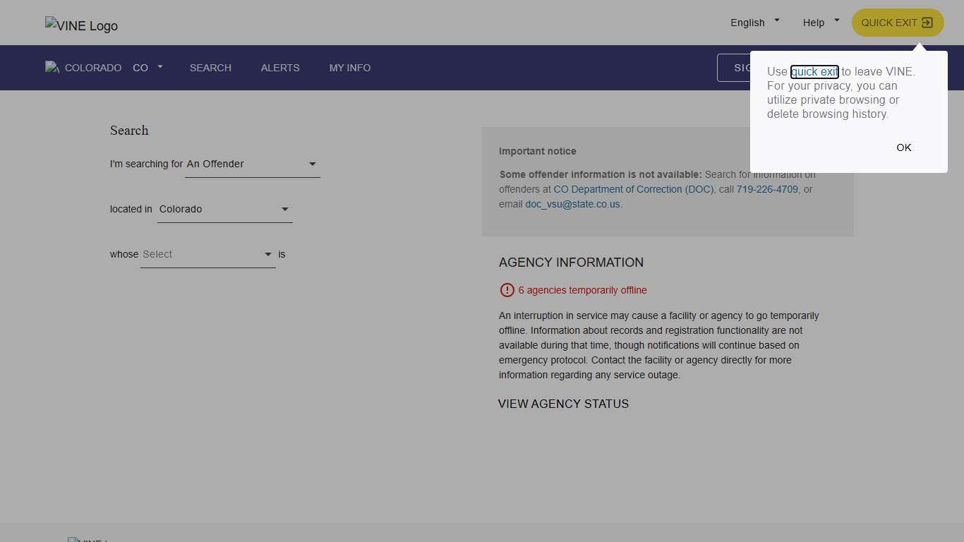 VINELink - Colorado - Search